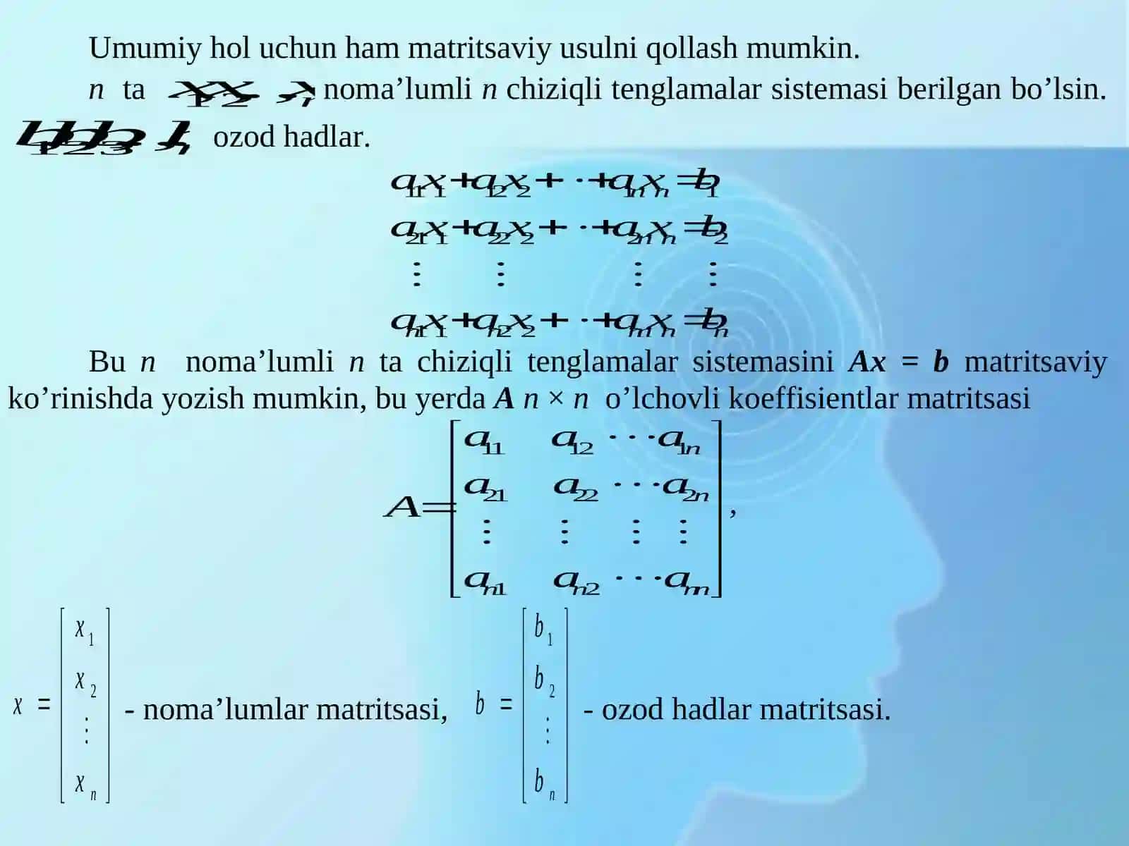 Chiziqli tenglamalar sistemasi yechishning matritsalar usuli. Kramer qoidasi 4