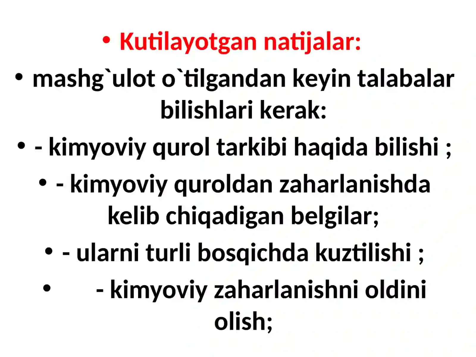 №12KimyoviyShikastlanisho`chоqlariningtibbiy-taktikxaraktеristikasiAxoliniyalpiqirginqurollaridanvafavquloddavazijtlardanmuxofazaqilishningasosiyprintsipvavositalari 4