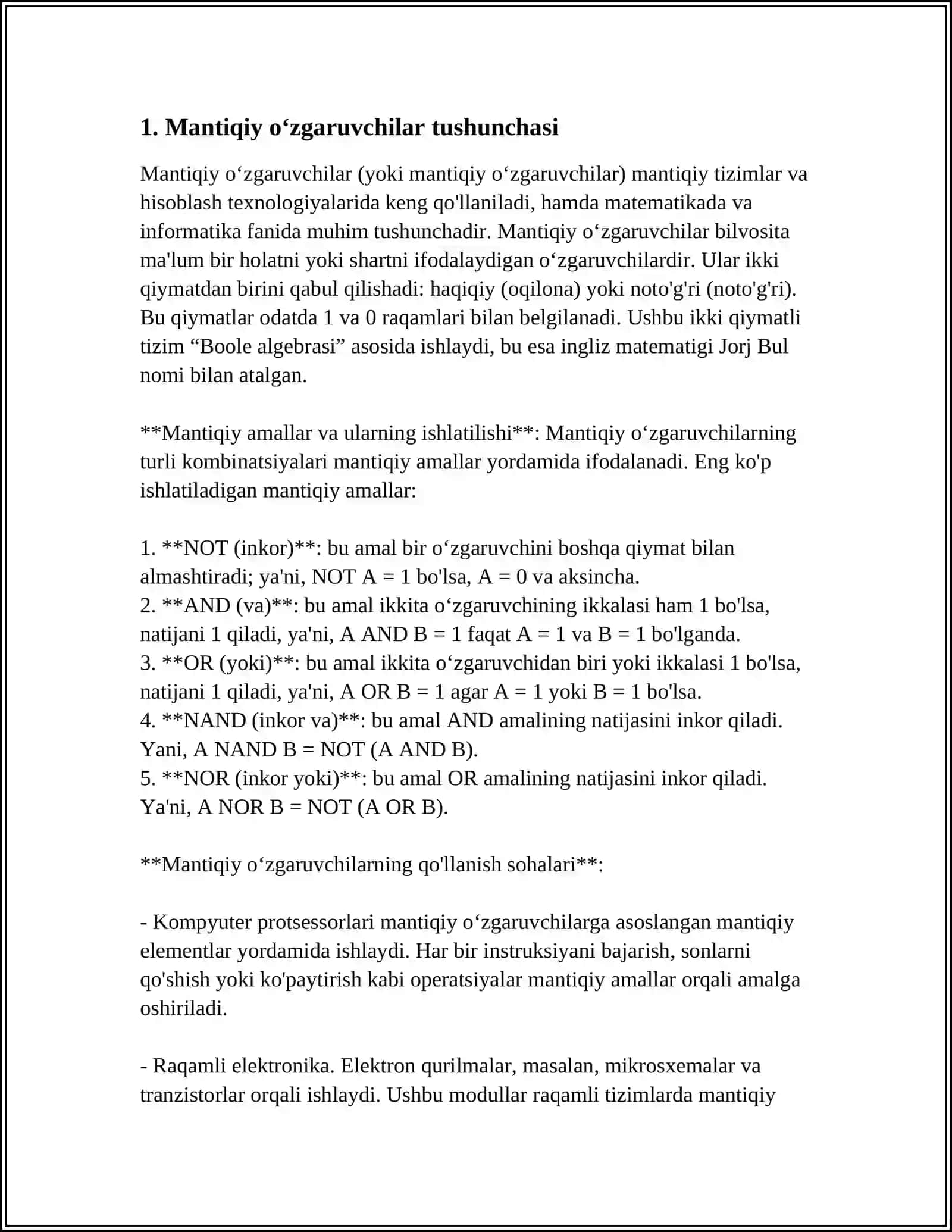 MANTIQIY OʻZGARUVCHILAR VA ELEMENTAR MANTIQIY AMALLAR 4