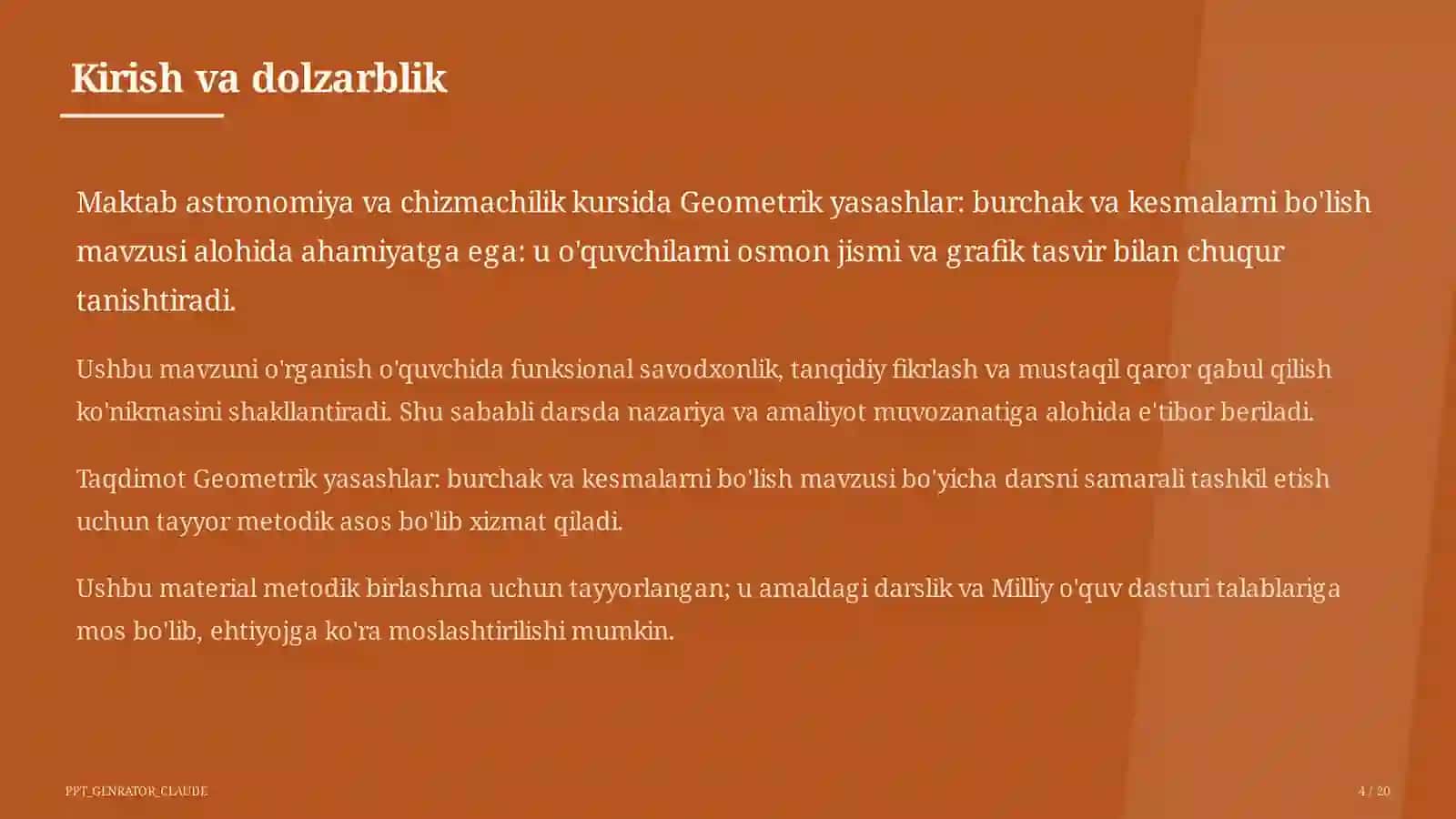 Geometrik yasashlar: burchak va kesmalarni bo'lish (8-sinf) 4