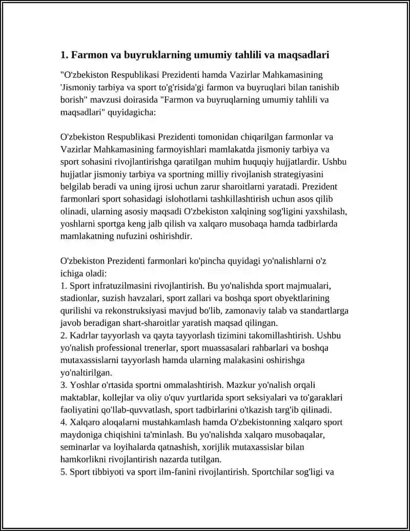 O'ZBEKISTON RESPUBLIKASI PREZIDENTI HAMDA VAZIRLAR MAHKAMASINING "JISMONIY TARBIYA VA SPORT TO'G'RISIDA"GI FARMON VA BUYRUQLARI BILAN TANISHIB BORISH 4