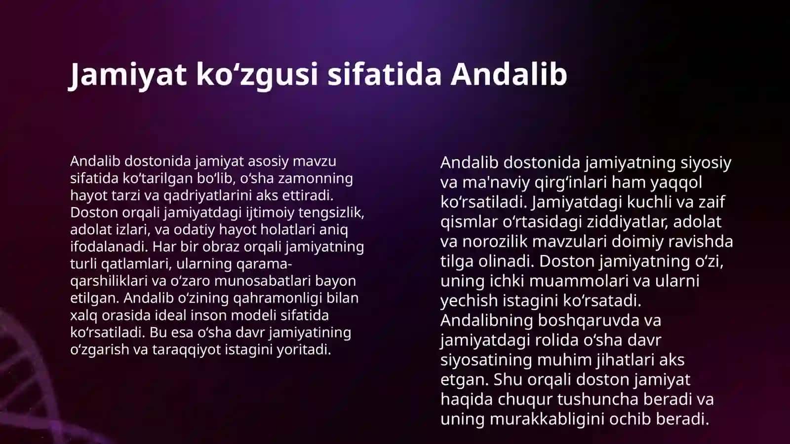 ANDALIB VA NISHOTIY DOSTONLARI MISOLIDA DAVR DOSTONCHILIGI BORASIDA MULOHAZA YURITISH. O'XSHASH VA FARQLI TOMONLARINI TOPISH 4