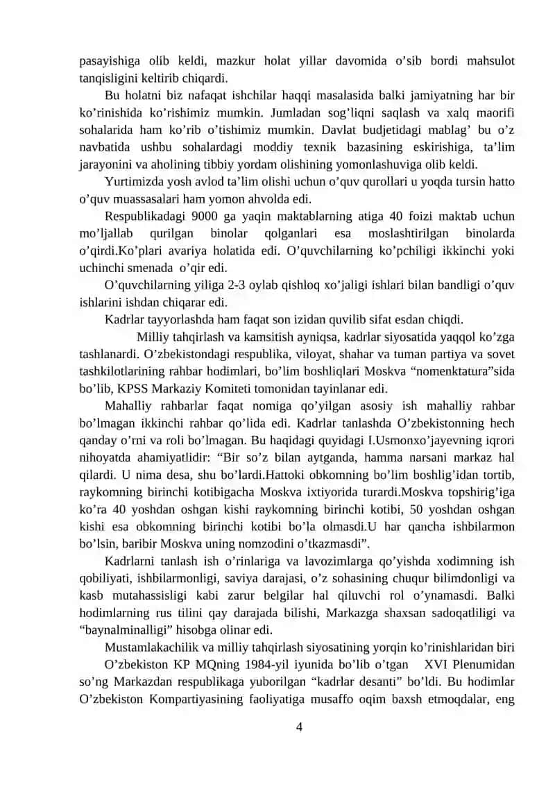 XX ASRNING 80-YILLARI SO‘NGIDA O‘ZBEKISTONDA SIYOSIY, IQTISODIY VA IJTIMOIY MUAMMOLAR 4
