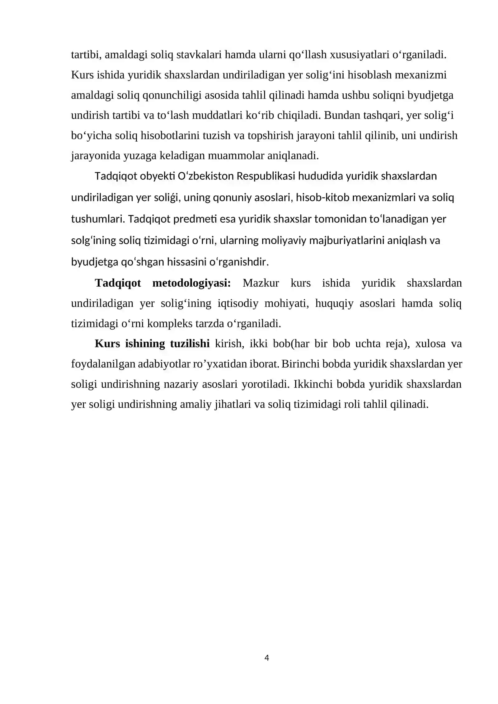 Yuridik shaxslardan undiriladigan yer soliǵi va uni soliq tizimida tutgan o‘rni 4