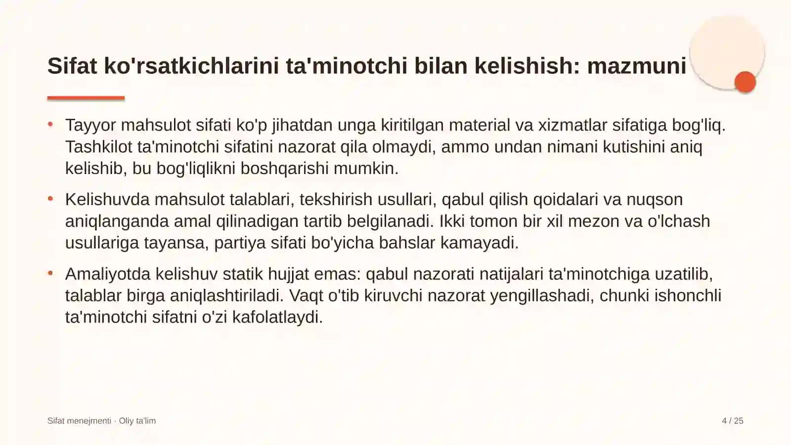 bojsiz savdo do'konlarida sifat ko'rsatkichlarini yetkazib beruvchilar bilan kelishish 2538 4