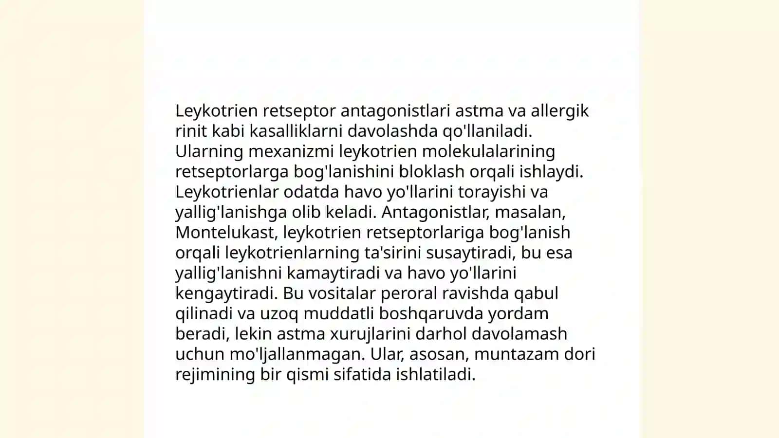 Leykotrien retseptorlarga ta’sir etuvchi dori vositalari 4