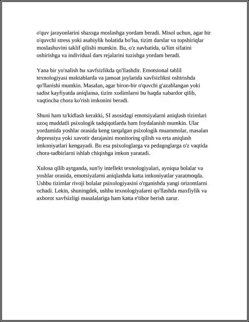 MUSTAQIL ISH Mavzu: YOSHLAR VA BOLALAR PSIXOLOGIYASI UCHUN SUN'IY INTELLEKT 4
