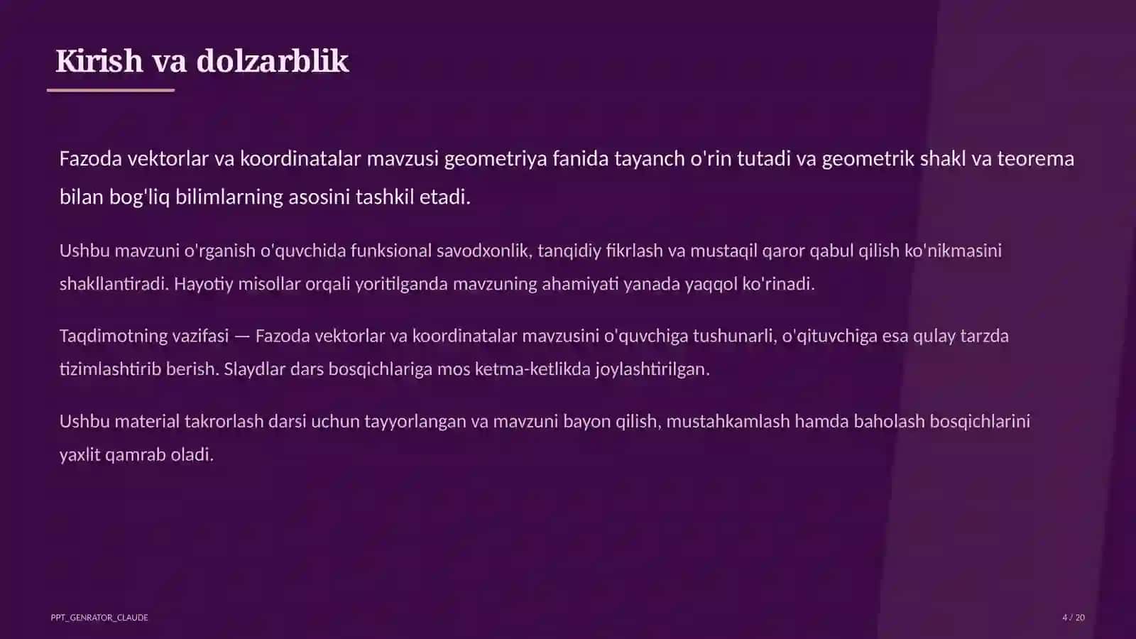 Fazoda vektorlar va koordinatalar (11-sinf) 4