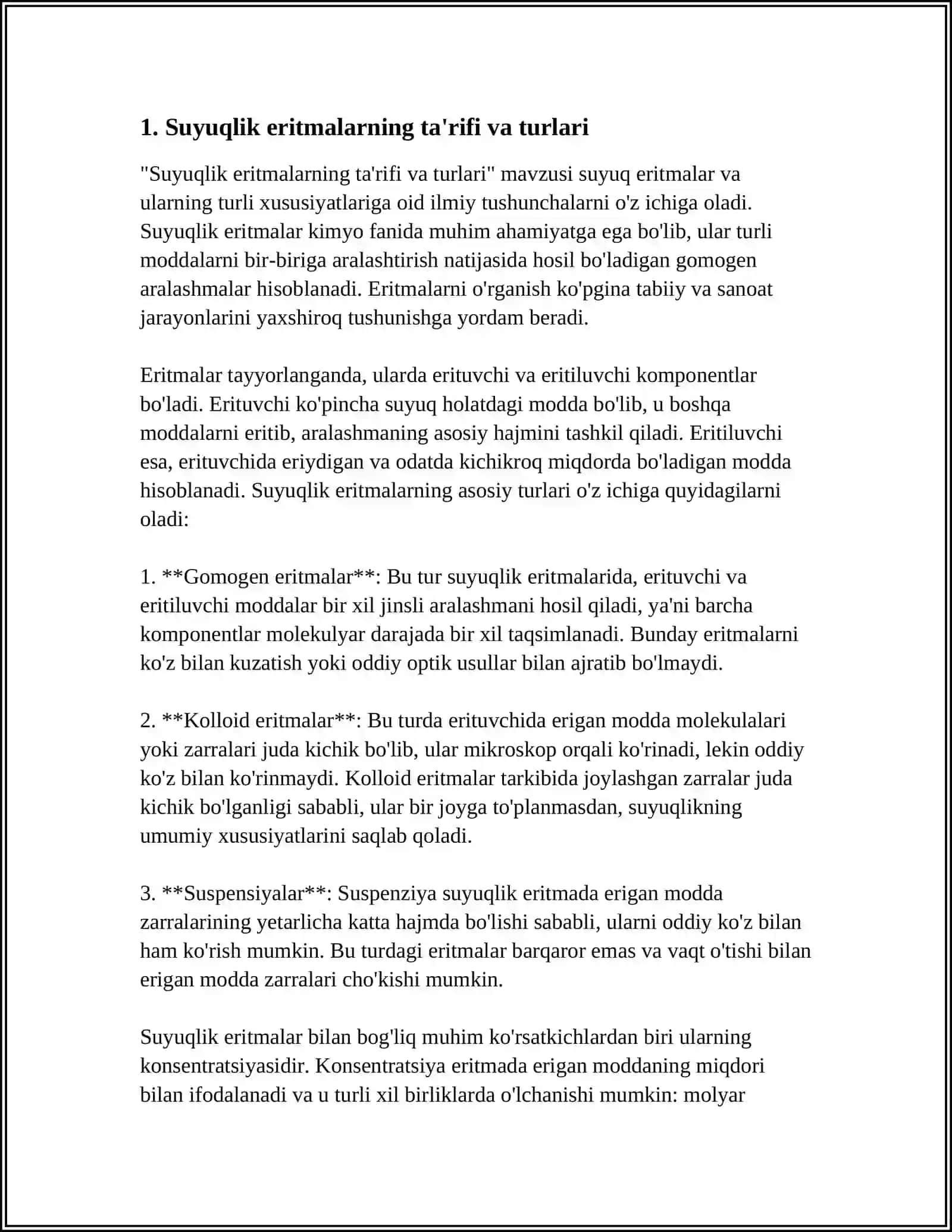SUYUQ ERITMALAR VA ULARNING KONSENTRASIYASI. RAUL QONUNI. GENRI QONUNI. OSMOTIK BOSIM 4