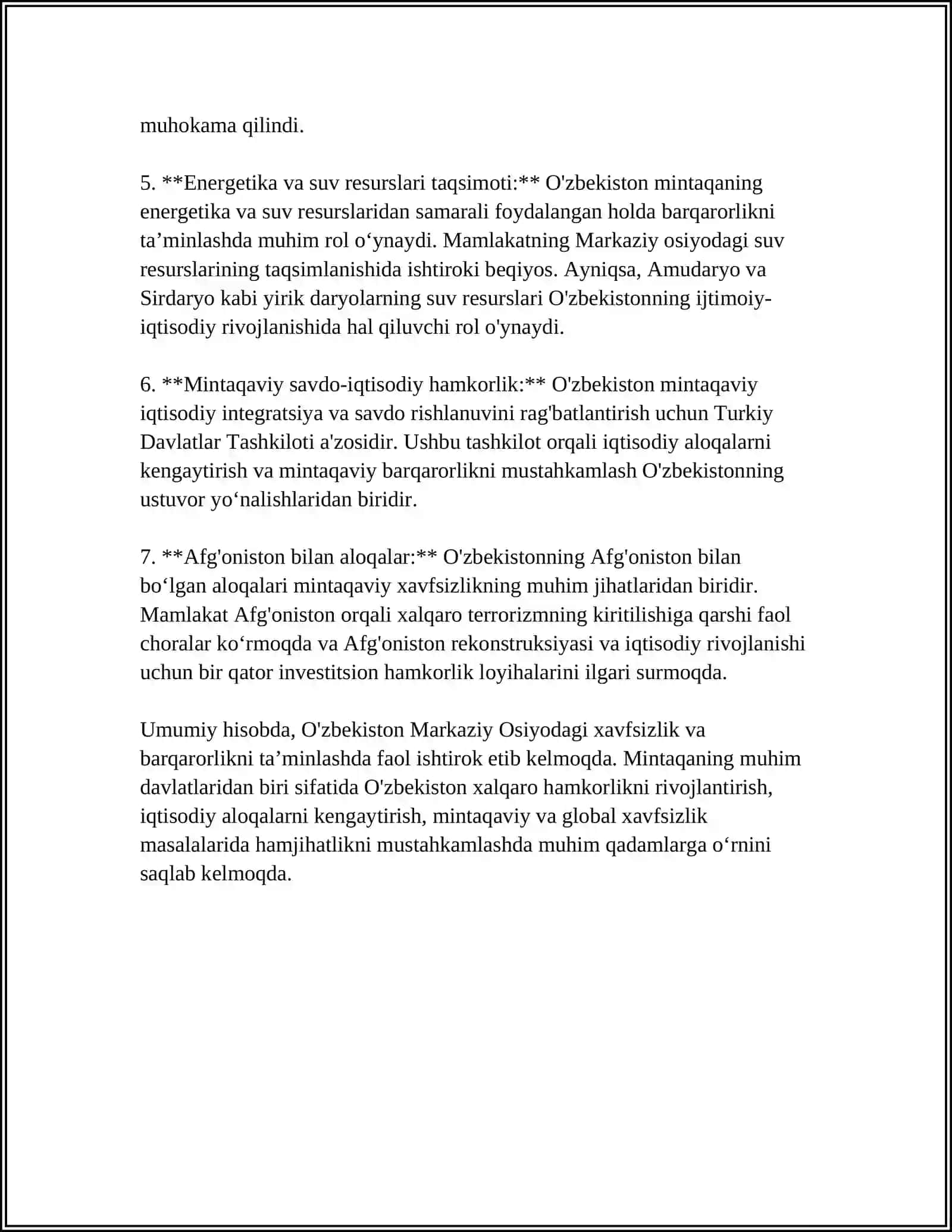 OʻZBEKISTONNING MARKAZIY OSIYODA TINCHLIK VA BARQARORLIKNI TAʼMINLASHDAGI OʻRNI 4