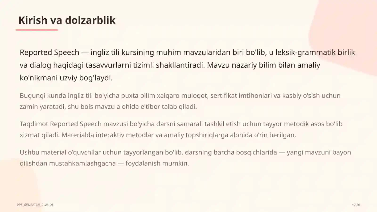 Ta'limiy maqsad: Reported Speech 4