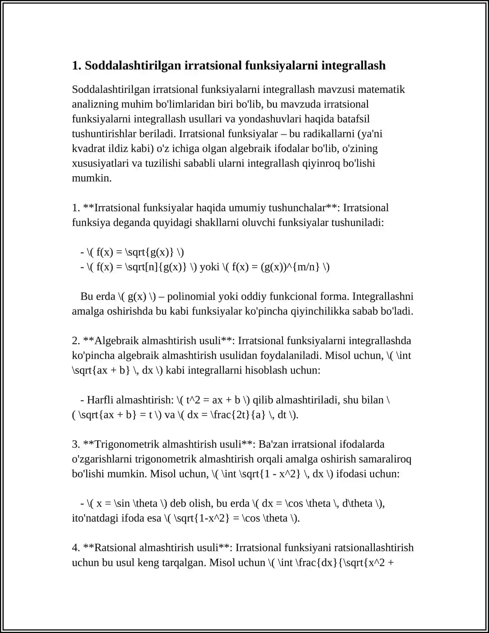Sodda irratsional va transsendent funksiyalarni integrallash 4