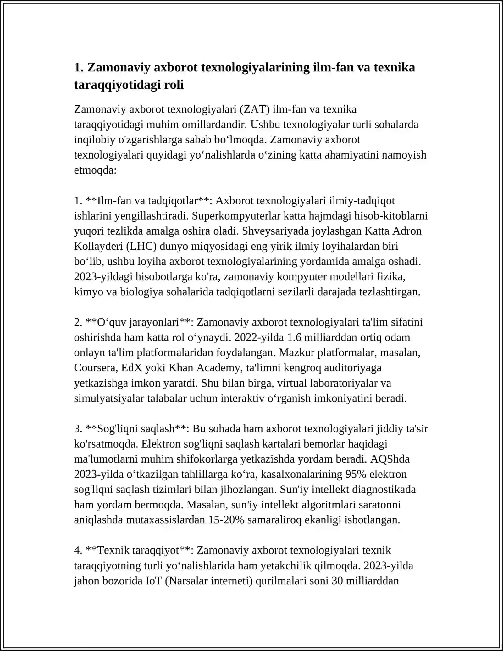 ZAMONAVIY AXBOROT TEXNOLOGIYALARI. FAN TEXNIKA TARAQQIYOTDA AXBOROTLASHTIRISH JARAYONINING RO'LI VA O'RNI 4