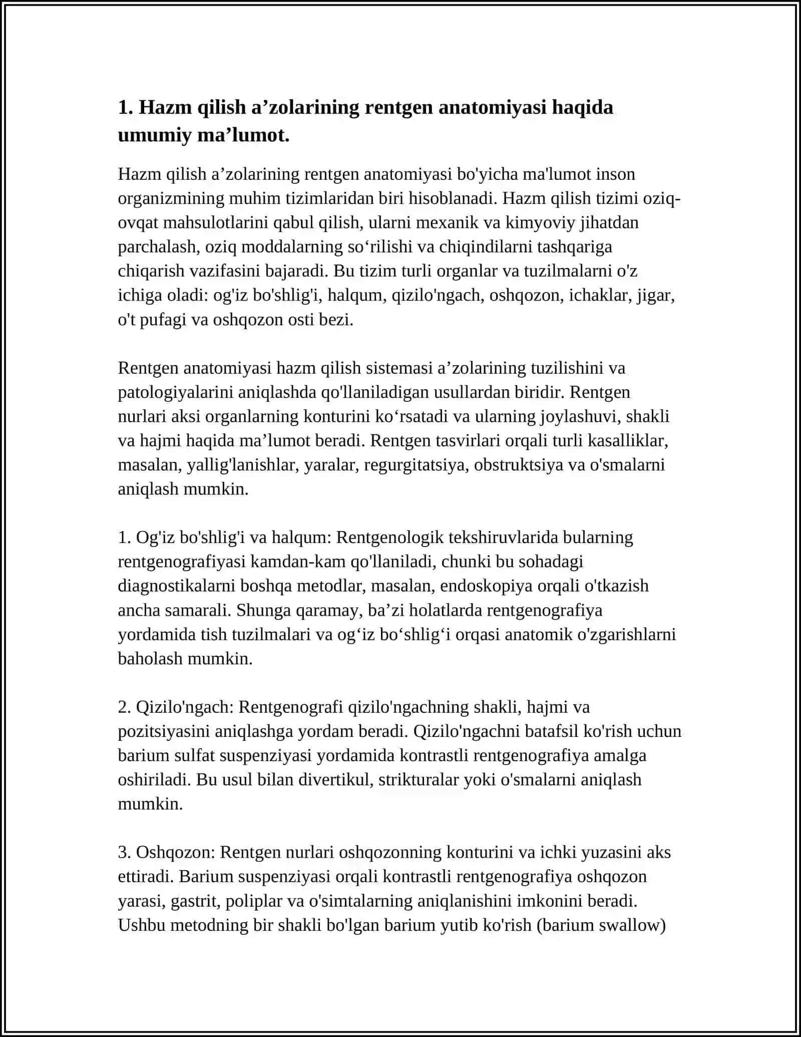 HAZM QILISH AʼZOLARINING RENTGEN ANATOMIYASI VA RIVOJLANISH NUQSONLARI 4