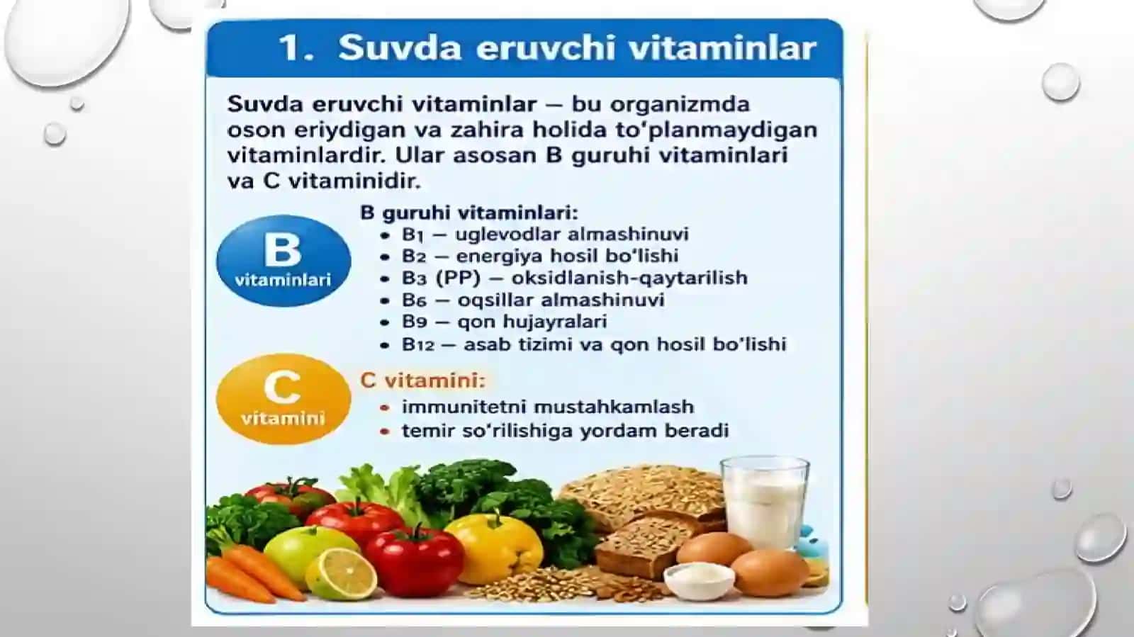 SUVDA VA YOG'DA ERUVCHI VITAMINLAR.MIROELEMENTOZLAR. FTOR, KALSIY MIQDORLARINING OSHIB KETISHI. MIKR 4