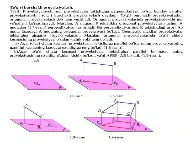 Proyeksiyalash usullari. Monj usuli nuqta. Koordinatalar bo`yicha nuqtaning proyeksiyalarini chizish. To`g`ri chiziq. 4