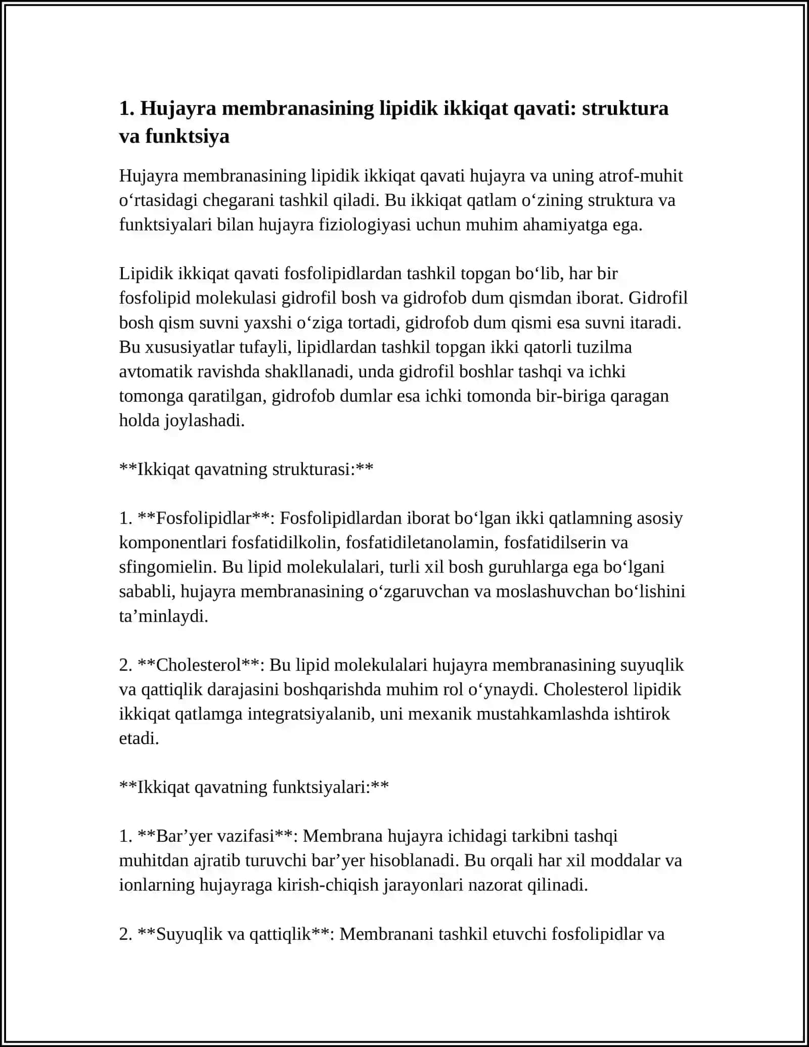 Hujayra membranasining lipidik ikkiqat qavati: struktura va funktsiya 4