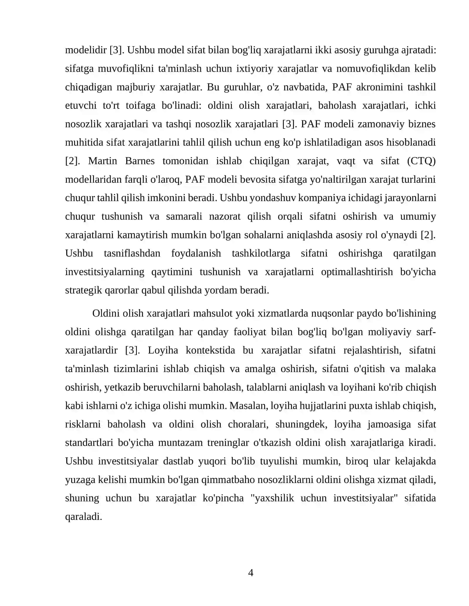 Loyiha sifatining xarajatlarini tasniflash 4