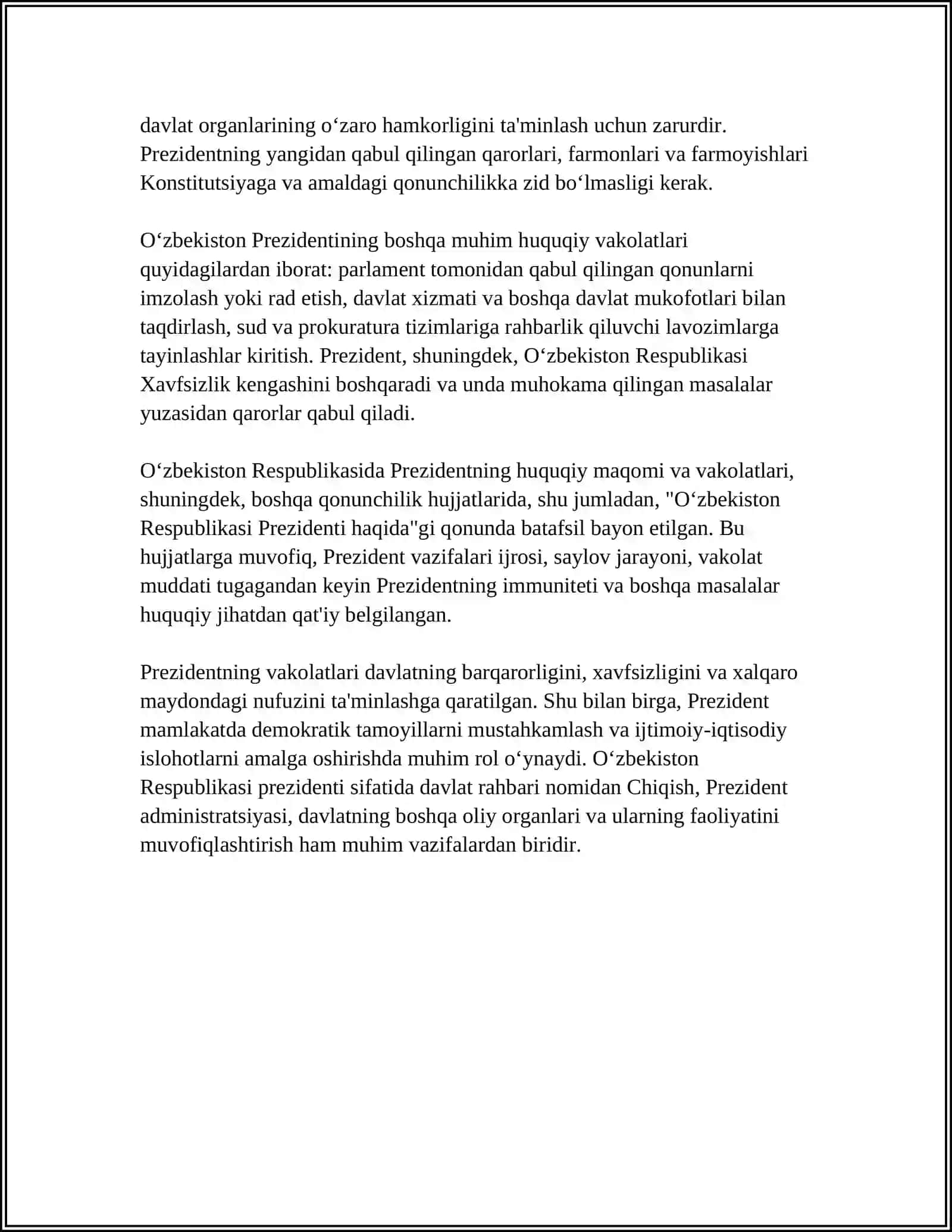 MUSTAQIL ISH Mavzu: O'ZBEKISTON RESPUBLIKASI PREZIDENTINING HUGUGIY HOLATI 4