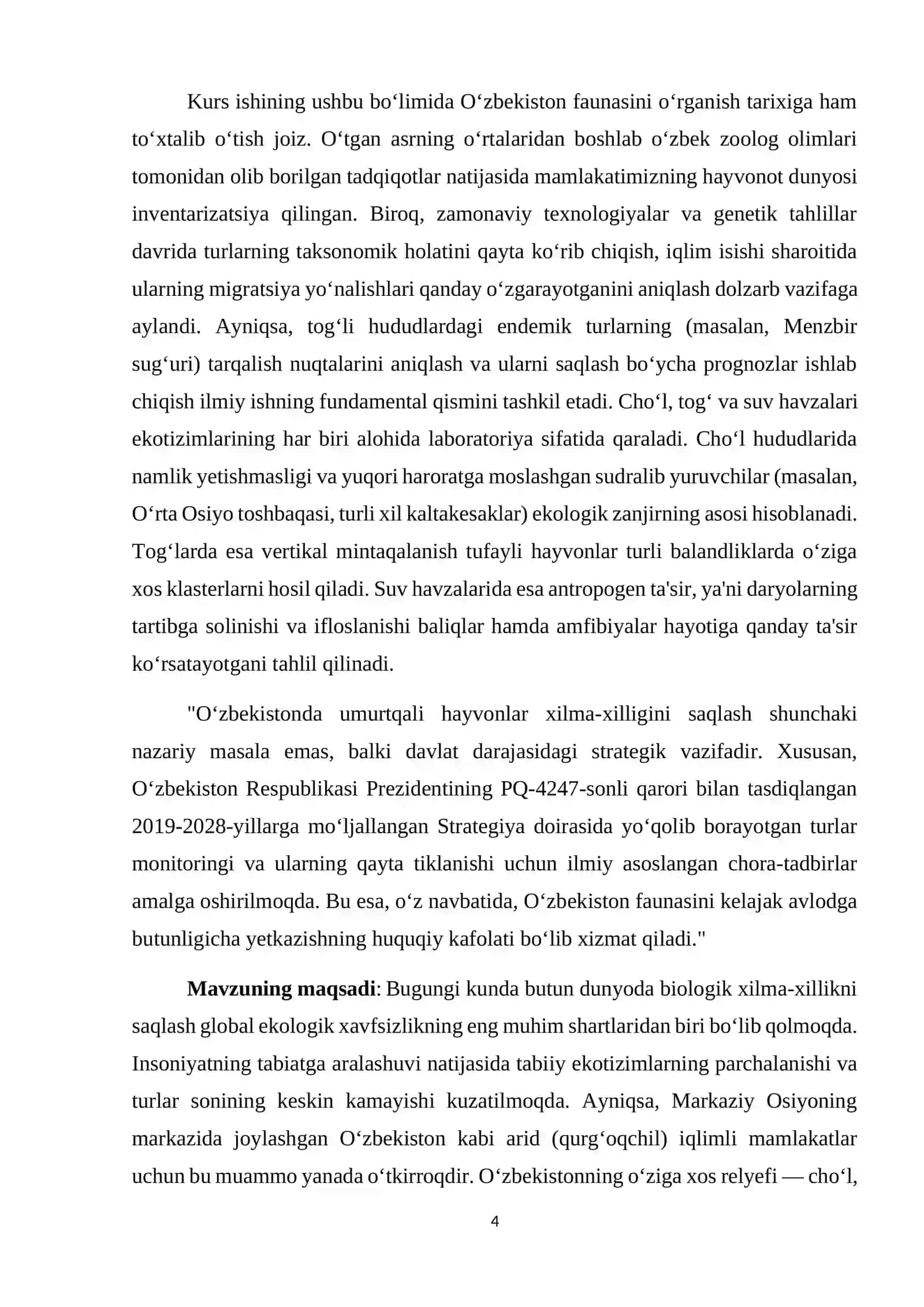 Oʻzbekistonda uchraydigan umurtqali hayvonlarning biologik xilma-xilligi va ekotizimlar (choʻl,tog’ va tog’oldi,oʻrmon suv havzalari) boʻyicha tarqalishi 4