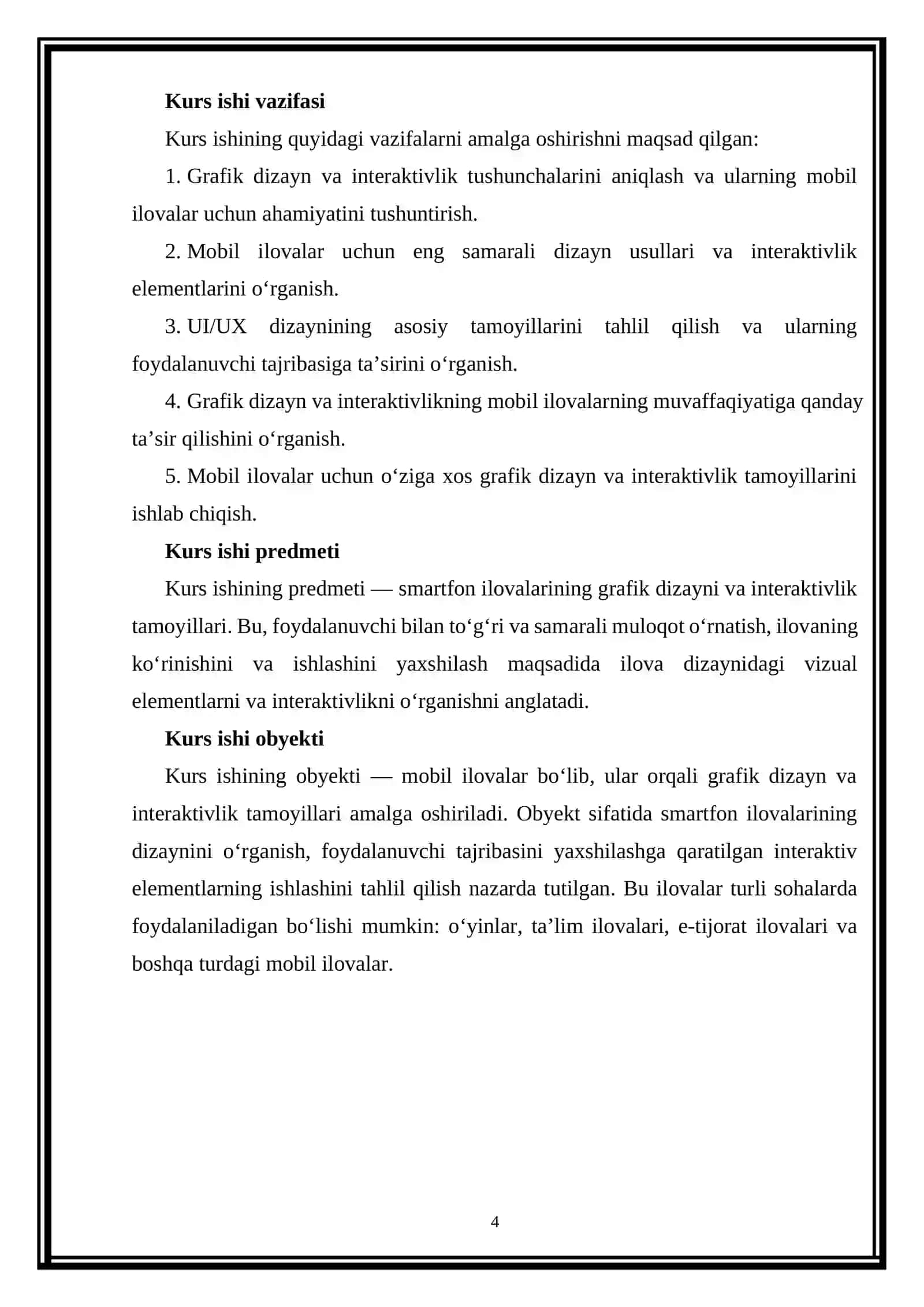 “Smartfon ilovalari uchun grafik dizayn va interaktivlik” KURS ISHI 4