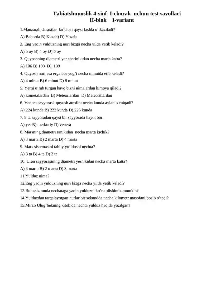 Ona tili 4-sinf I-chorak uchun test savollari 4
