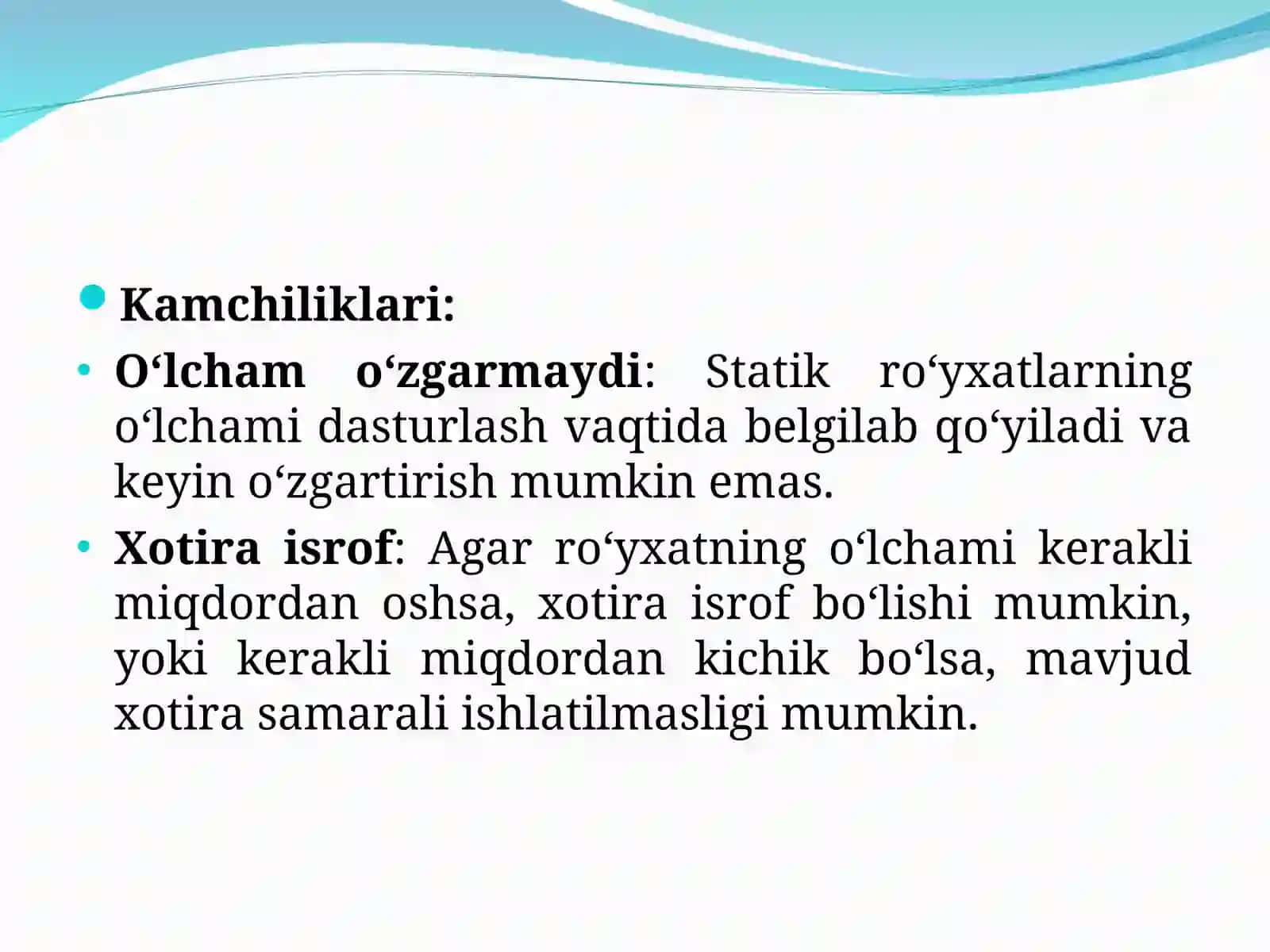 Ro‘yxatlar (Listlar). Ro’yxatlar– dinamik va statik ro‘yxatlar, ularning afzalliklari. 4