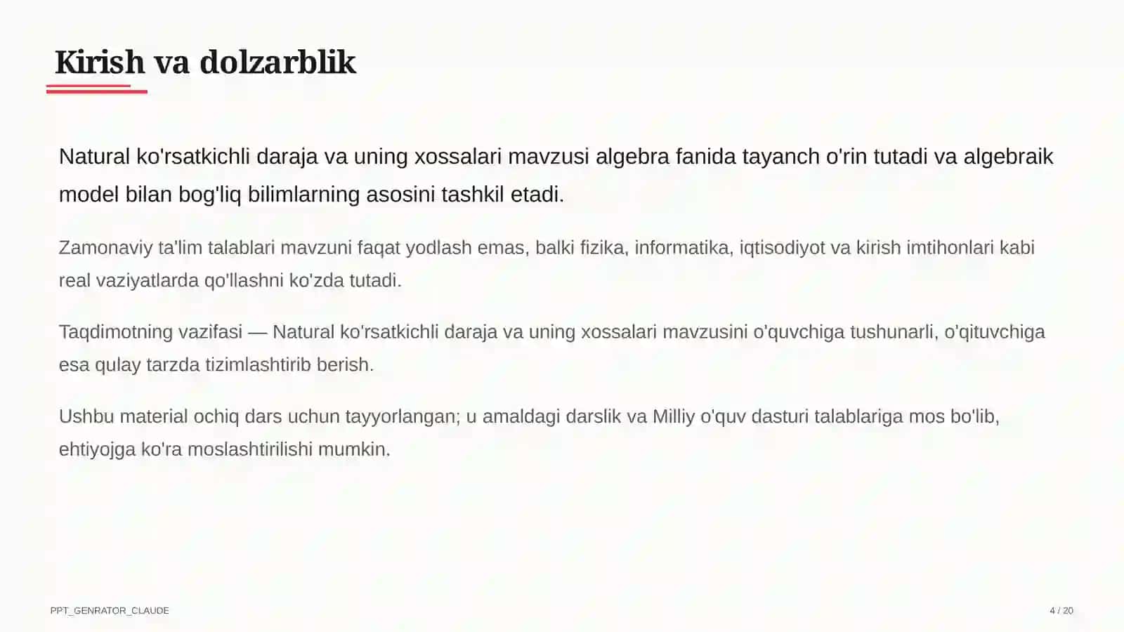 Natural ko'rsatkichli daraja va uning xossalari (7-sinf) 4