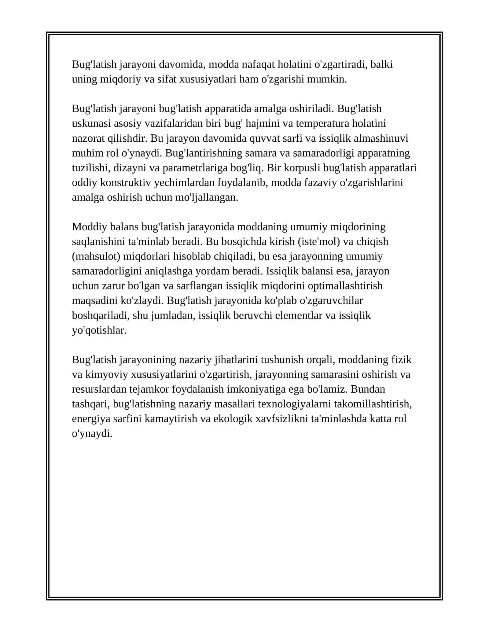 BUG‘LATISH JARAYONI. DEPRESSIYA VA UNING TURLARI. BIR KORPUSLI BUG‘LATISH APPARATI. MODDIY VA ISSIQLIK BALANSLARI. ODDIY BUG`LATISH APPARATLARINING KONSTRUKSIYALARI 4