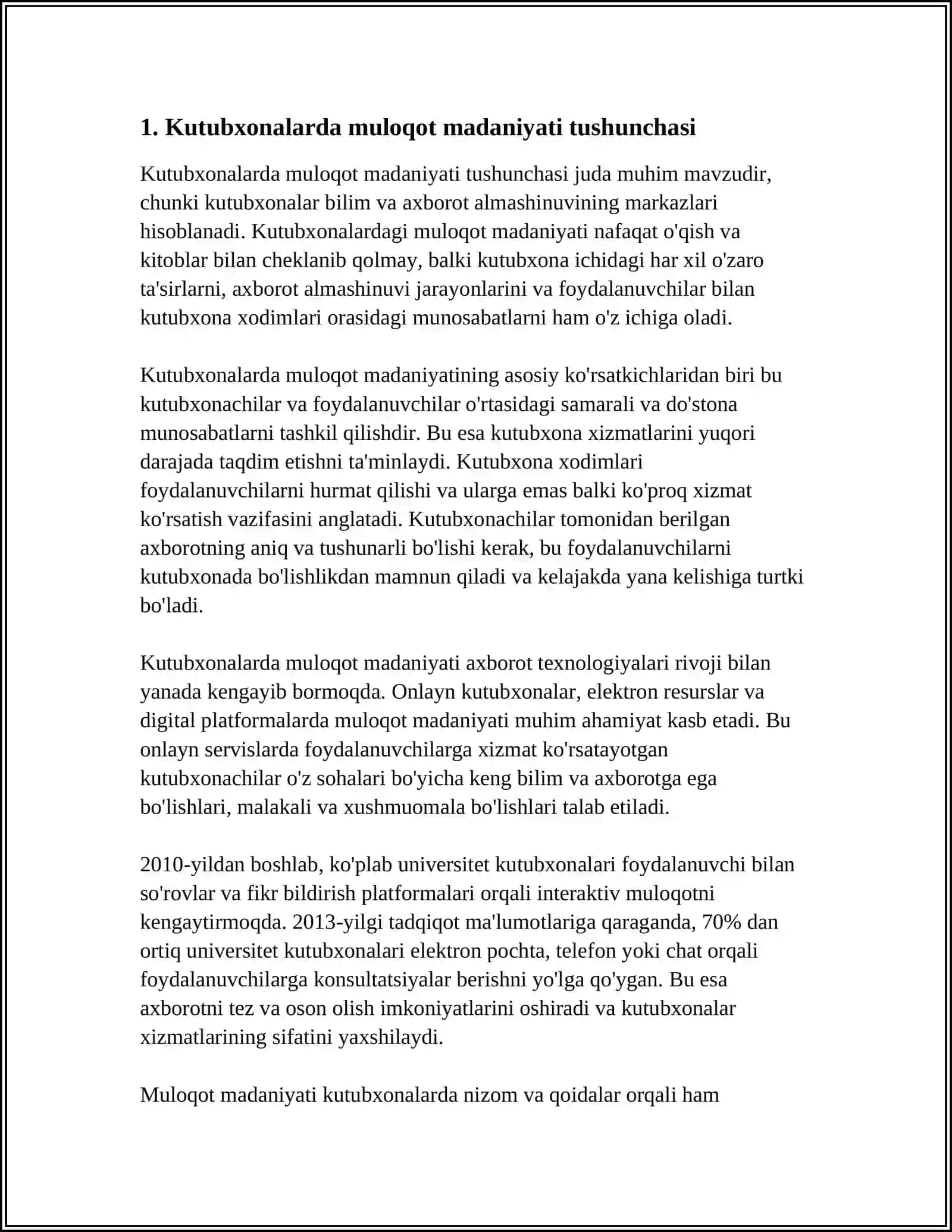 "KUTUBXONALARDA MULOQOT MADANIYATI" KURSI 4