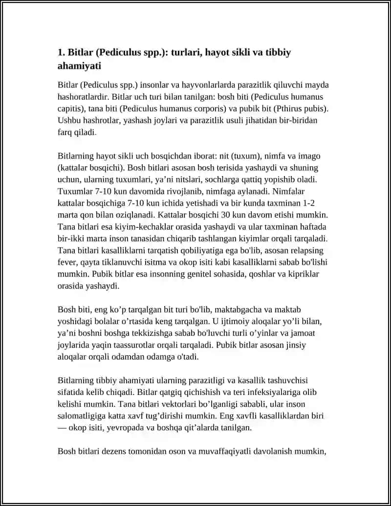 TIBBIYOTDA AHAMYATGA EGA BO'LGAN HASHORATLAR BIT, BURGA, SUVARAK,QANDALALAR TURKUMI CHIVINLAR,PASHSHALAR, ISKAPTOPAR:ZAHARLI HAYVONLAR 4