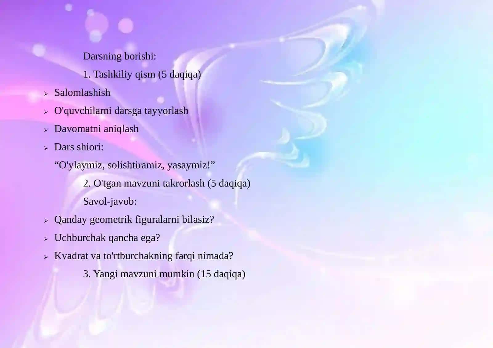 Burchaklar va qonunchilik turlari. Figuralarni farqlash, qismlarga bo'lish, qismlardan figuralar hosil qilish 4