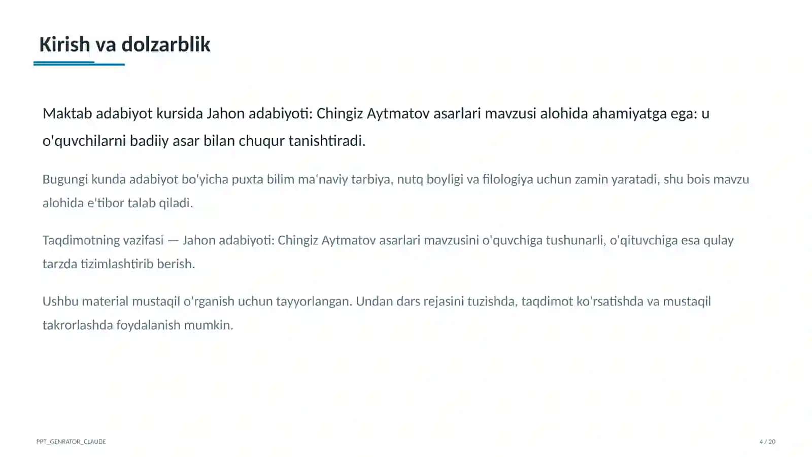 Jahon adabiyoti: Chingiz Aytmatov asarlari (11-sinf) 4