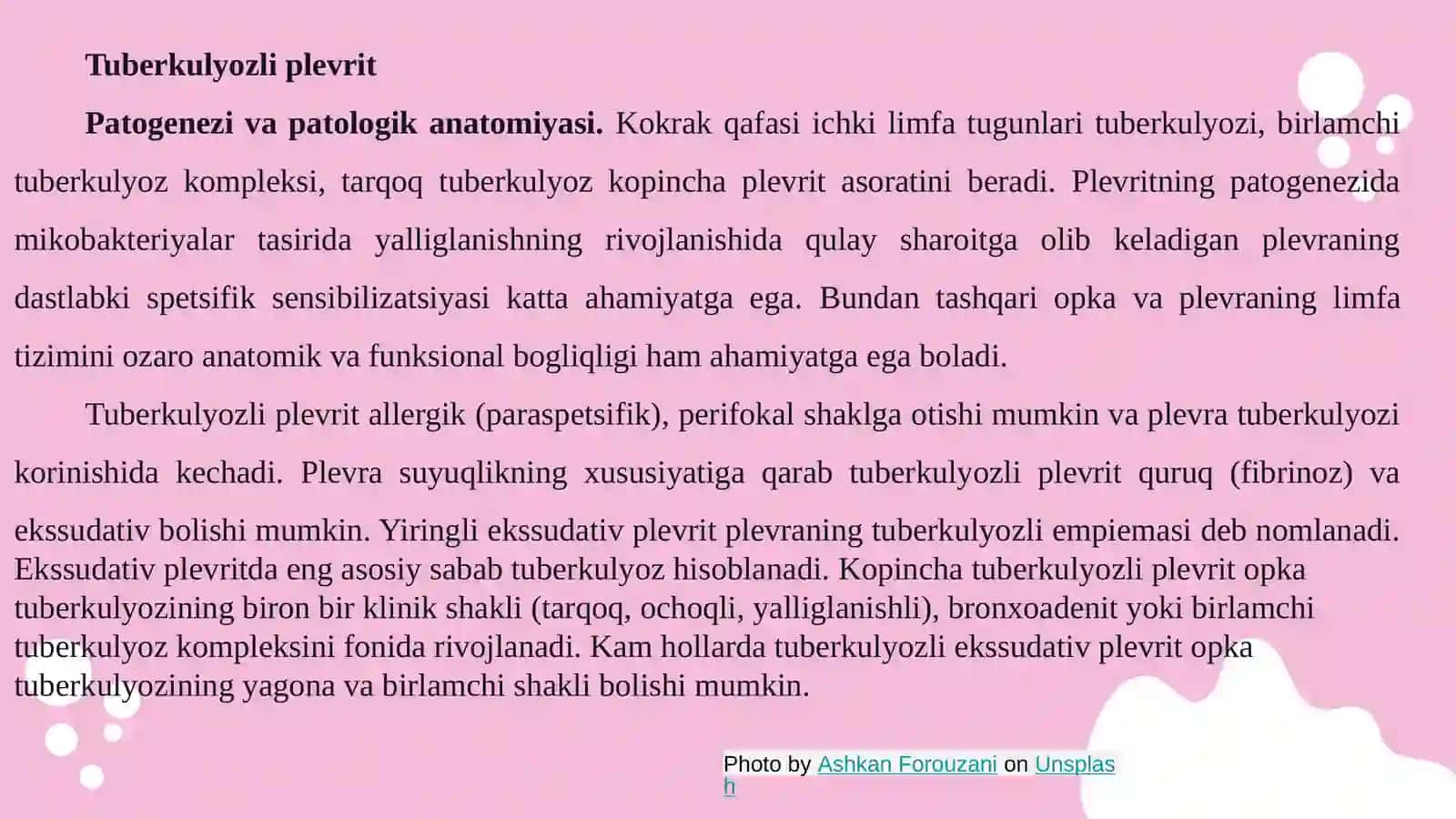 Plevra bo‘shlig‘ida suyuqlik yig'ilish mexanizmi.Tuberkulyoz plevriti.  Turli etiologiyali plevritlar qiyosiy tashxisi. Terapevtik, xirurgik davolash usullari 4