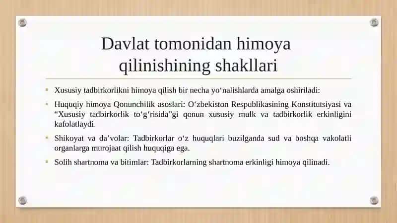 O‘ZBEKISTONDA XUSUSIY TADBIRKORLIKNING DAVLAT TOMONIDAN HIMOYA QILINISHI 4