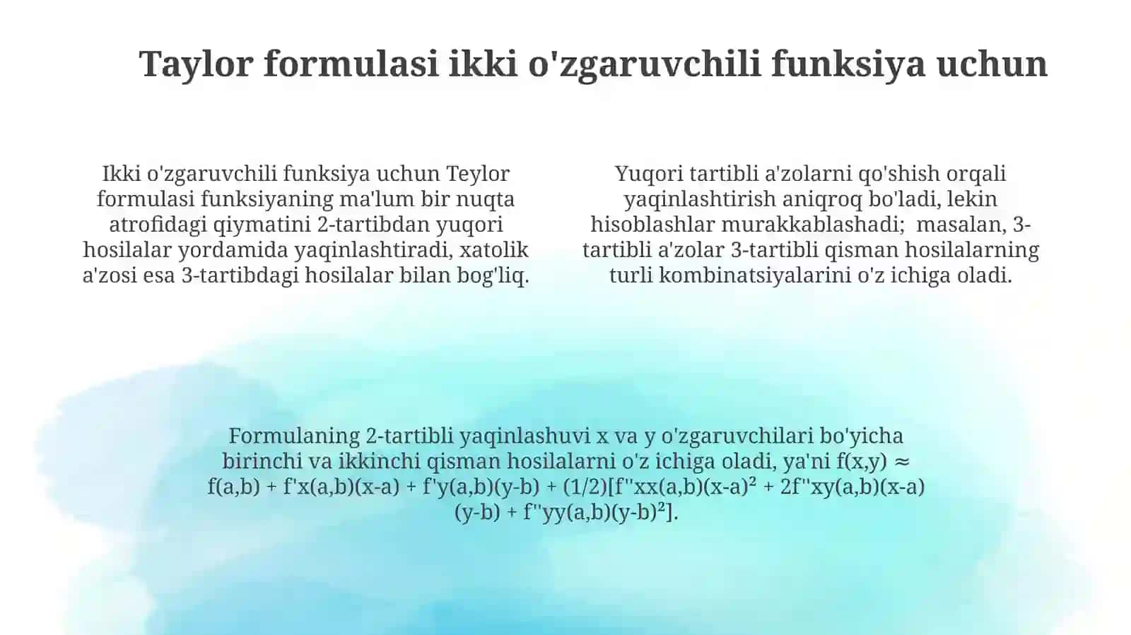 Kòp òzgaruvchili funksiyaning yuqori tartibli hosila va differensiali.Teylor formulasi 4