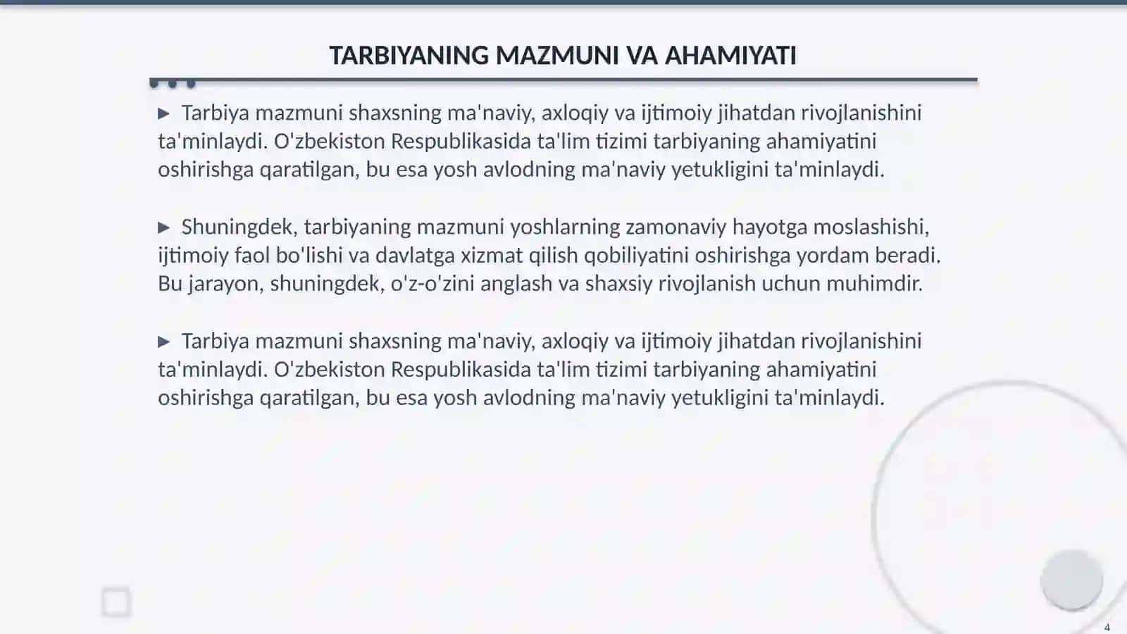 ZAMONAVIY PEDAGOGIKADA TARBIYANING MAZMUNI VA TARBIYAVIY ISHLARNING ASOSIY YO‘NALISHLARI 4