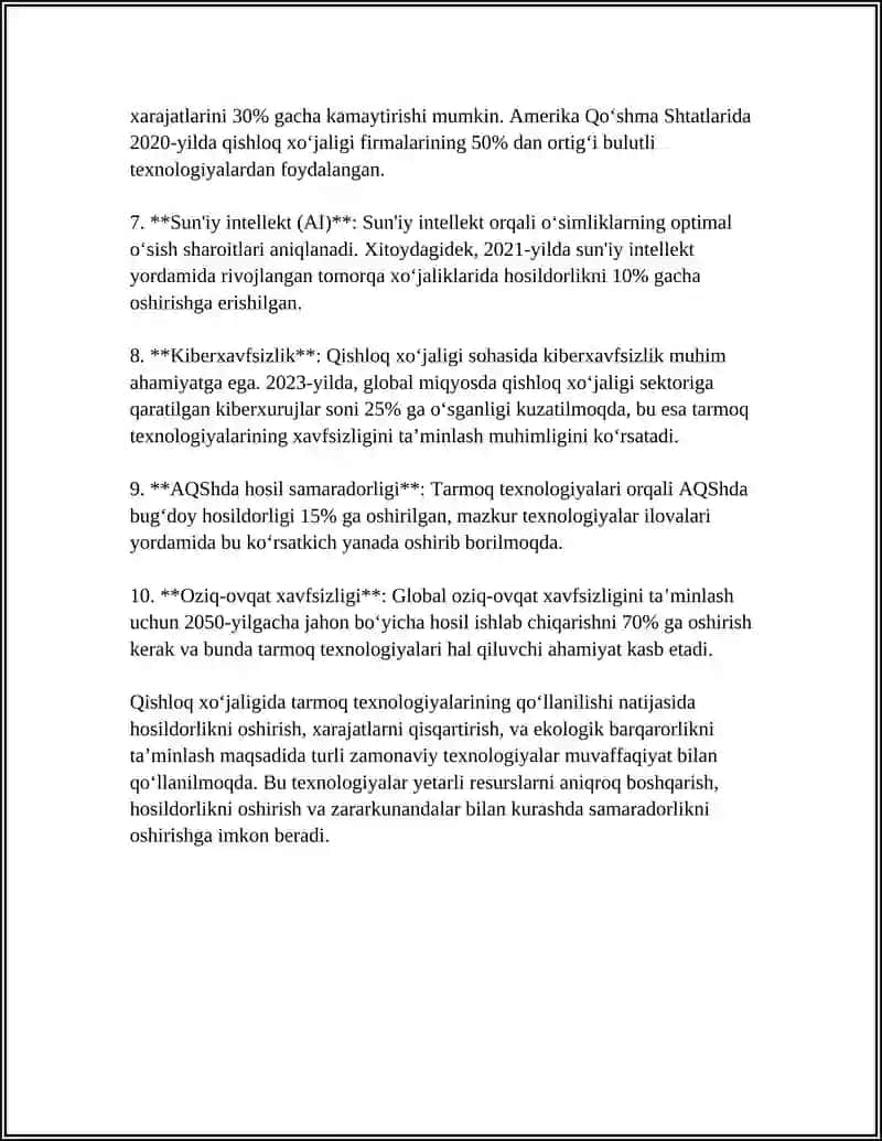 XALQ XÕJALIGINING TURLI SOHALARI VA TARMOQLARIDA TARMOQ TEXNOLOGIYALARIDAN FOYDALANISH 4