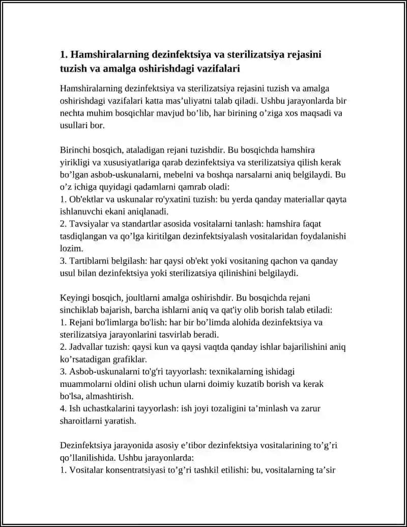 DAVOLASH PROFILAKTIK MUASSASASIDA ZARARSIZLANTIRISH VA YUQUMSIZLANTIRISH ISHLARINI OLIB BORISHDA HAMSHIRALARNING VAZIFALARI 4