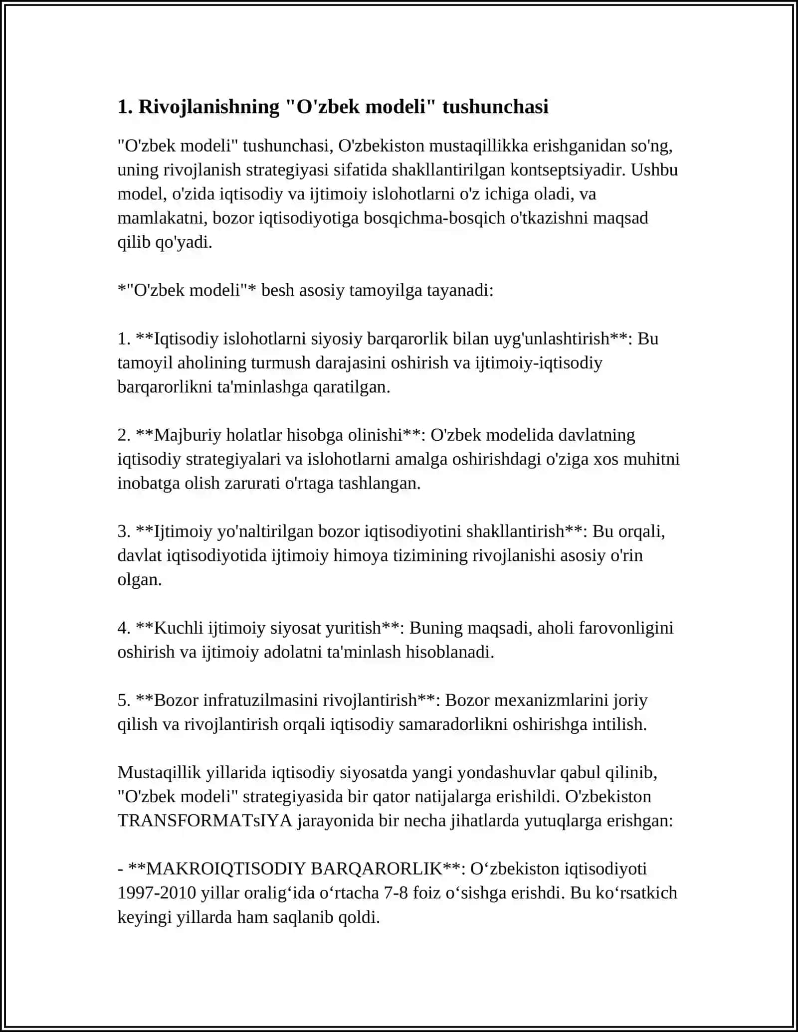 Rivojlanishning "OZBEK MODELI" VA UNING XUSUSIYATLARI 4