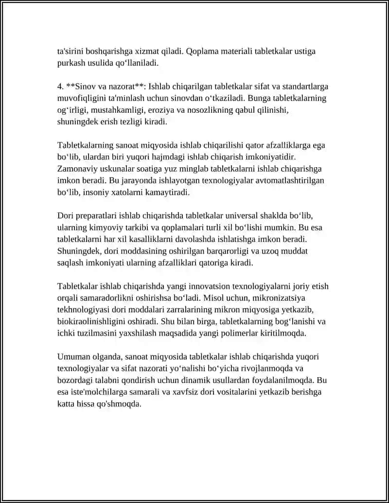 Sanoat miqyosida ishlab chiqariladigan qattiq og'iz preparatlari: tabletkalar 4