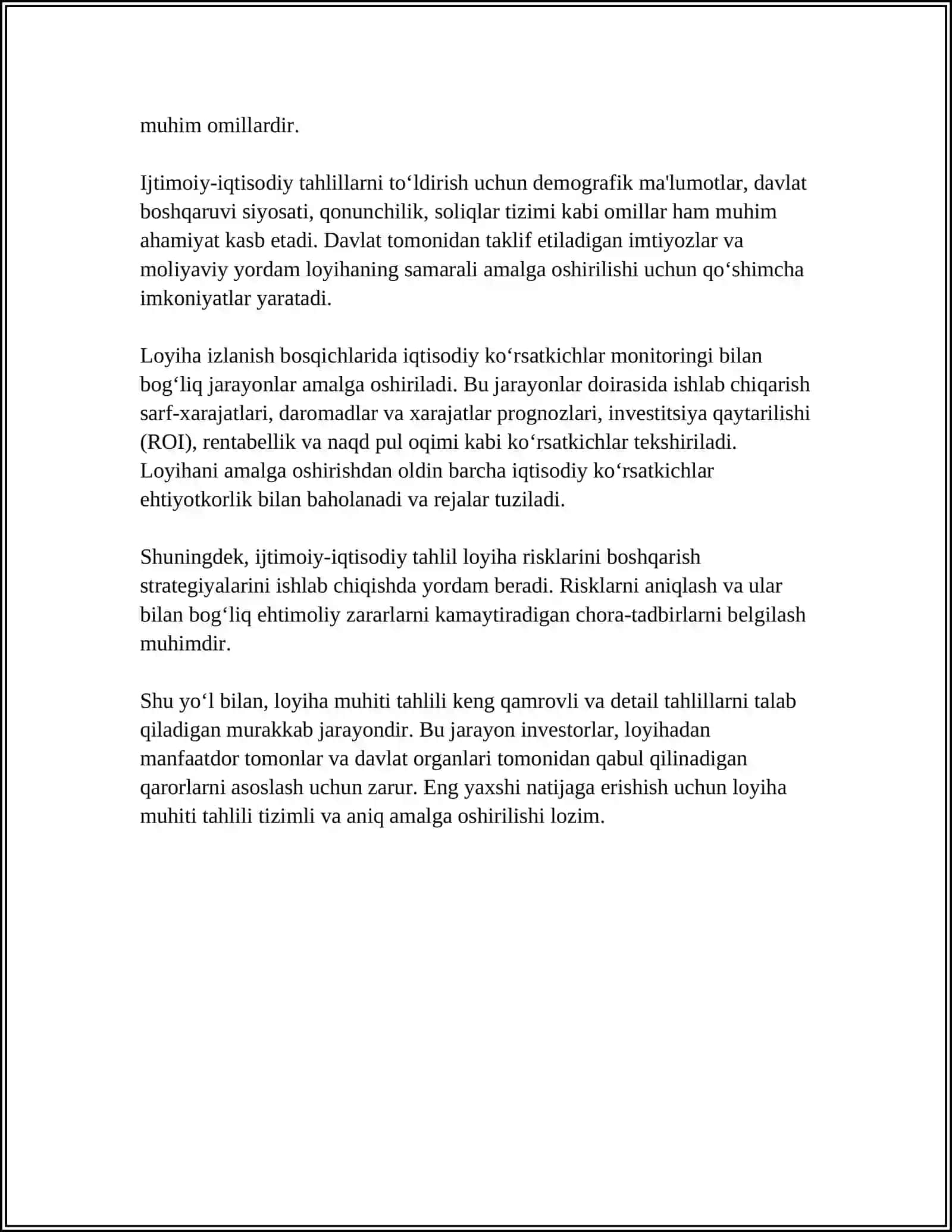 LOYIHA MUHITI.ISHLAB CHIQARISH FAOLIYATIGA TAYYORGARLIK, LOYIHA QIDIRUV BOSQICHLARI HAMDA IQTISODIY KO‘RSATKICHLAR MONITORINGI 4