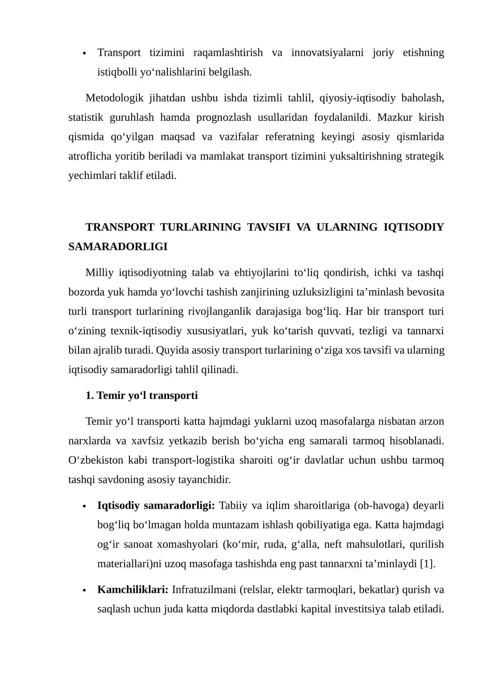 Transport tarmogʻining iqtisodiyotdagi o'rni va rivojlanish istiqbollari 4