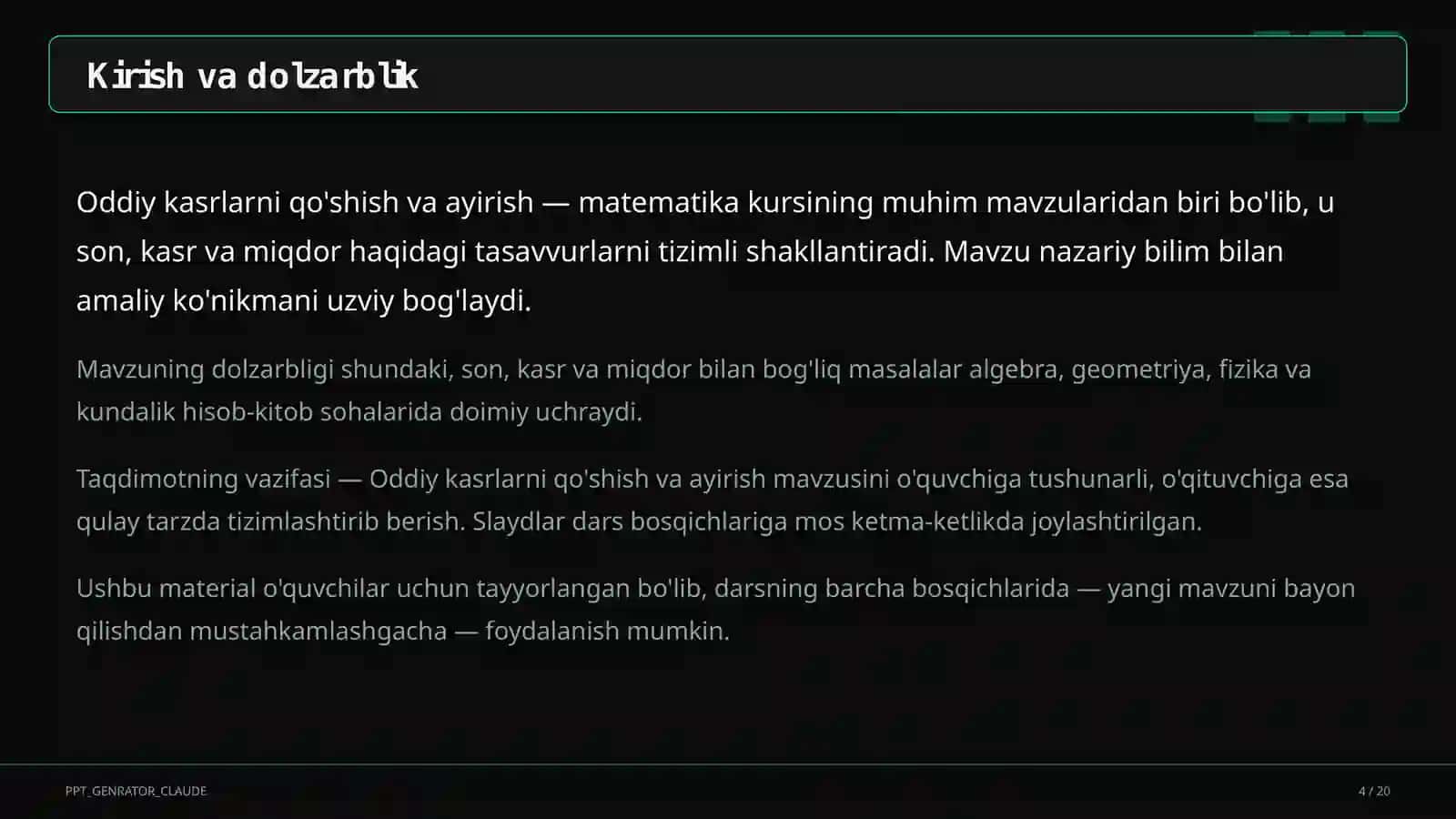 Oddiy kasrlarni qo'shish va ayirish (5-sinf) 4