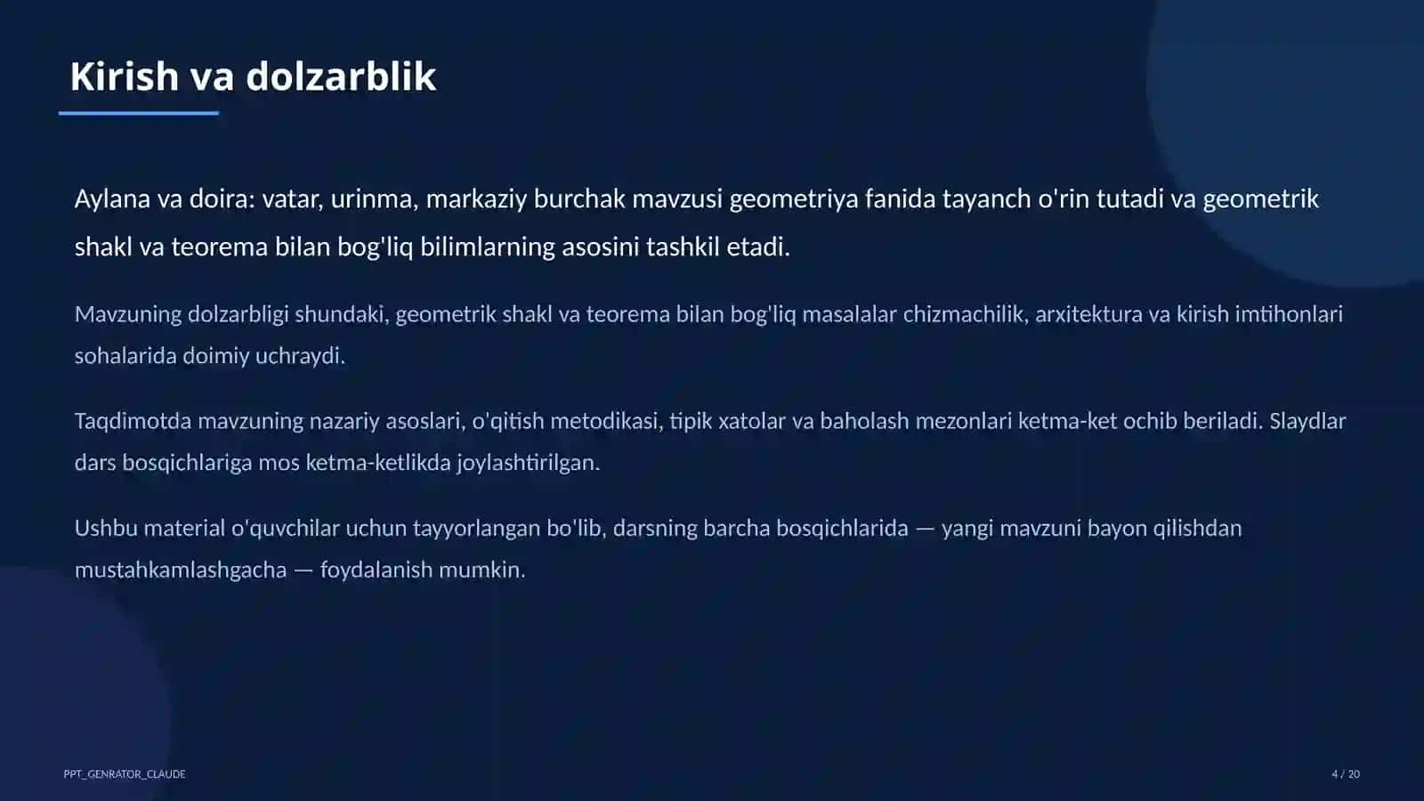 Aylana va doira: vatar, urinma, markaziy burchak (8-sinf) 4