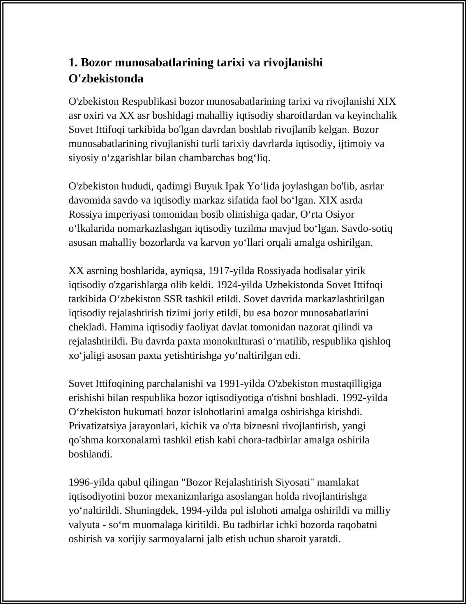 O'ZBEKISTON RESPUBLIKASIDA BOZOR MUNOSABATLARINING SHAKLLANISHI, YO'NALISHLARI, BOSQICHLARI VA XUSUSIYATLARI 4
