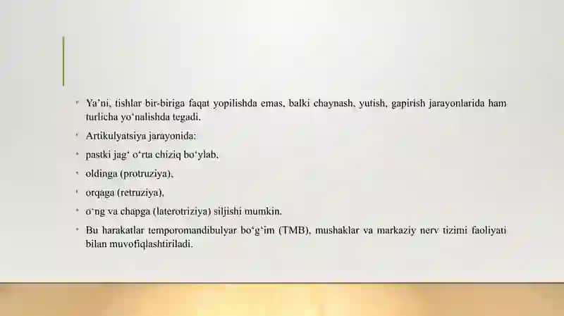 АRTIKULYATSIYA, OKKLYUZIYA. OKKLYUZIYA TURLARI: MARKAZIY, OLDINGI, YON (OʼNG, CHAP). YUKORI VA PASTKI JAG TISHLARI QATORINING OʼZARO MUNOSABATI. TISHLARNING JIPSLASHUV BELGILARI. 4