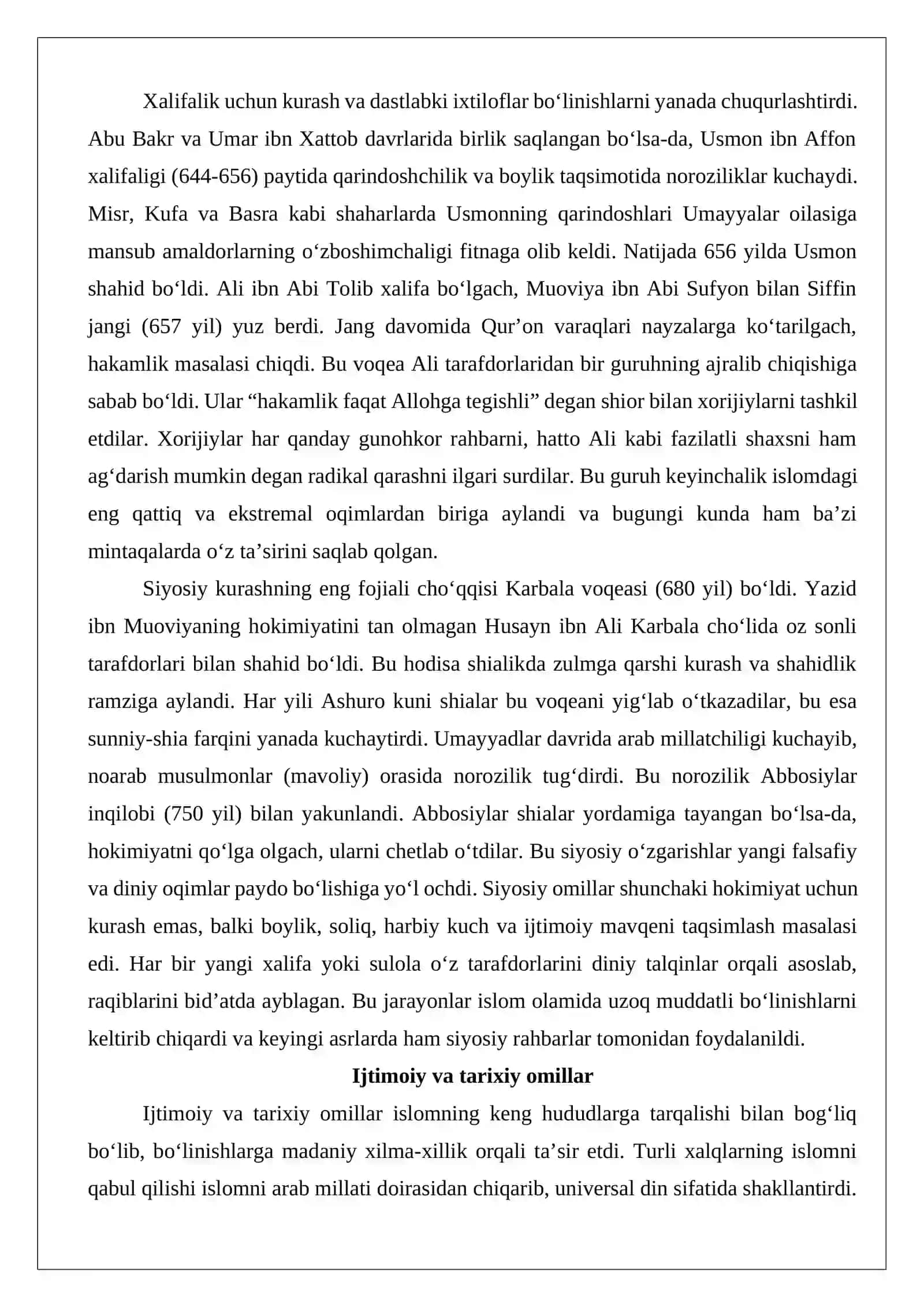 Islom oqimlari va yo‘nalishlarining paydo bo‘lishi sabablari, eʼtiqodidagi bo‘linishlarning sabablari va oqibatlari 4