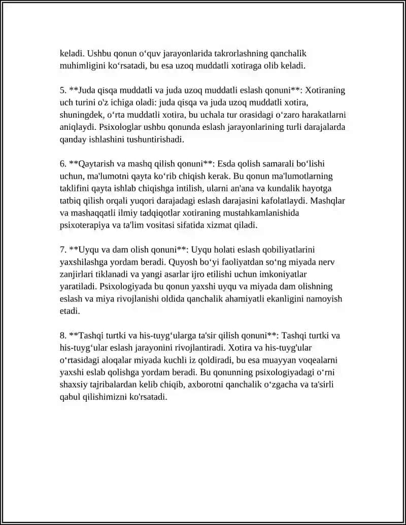 Xotiraning 8 ta qonunining psixologiyadagi o'rni 4