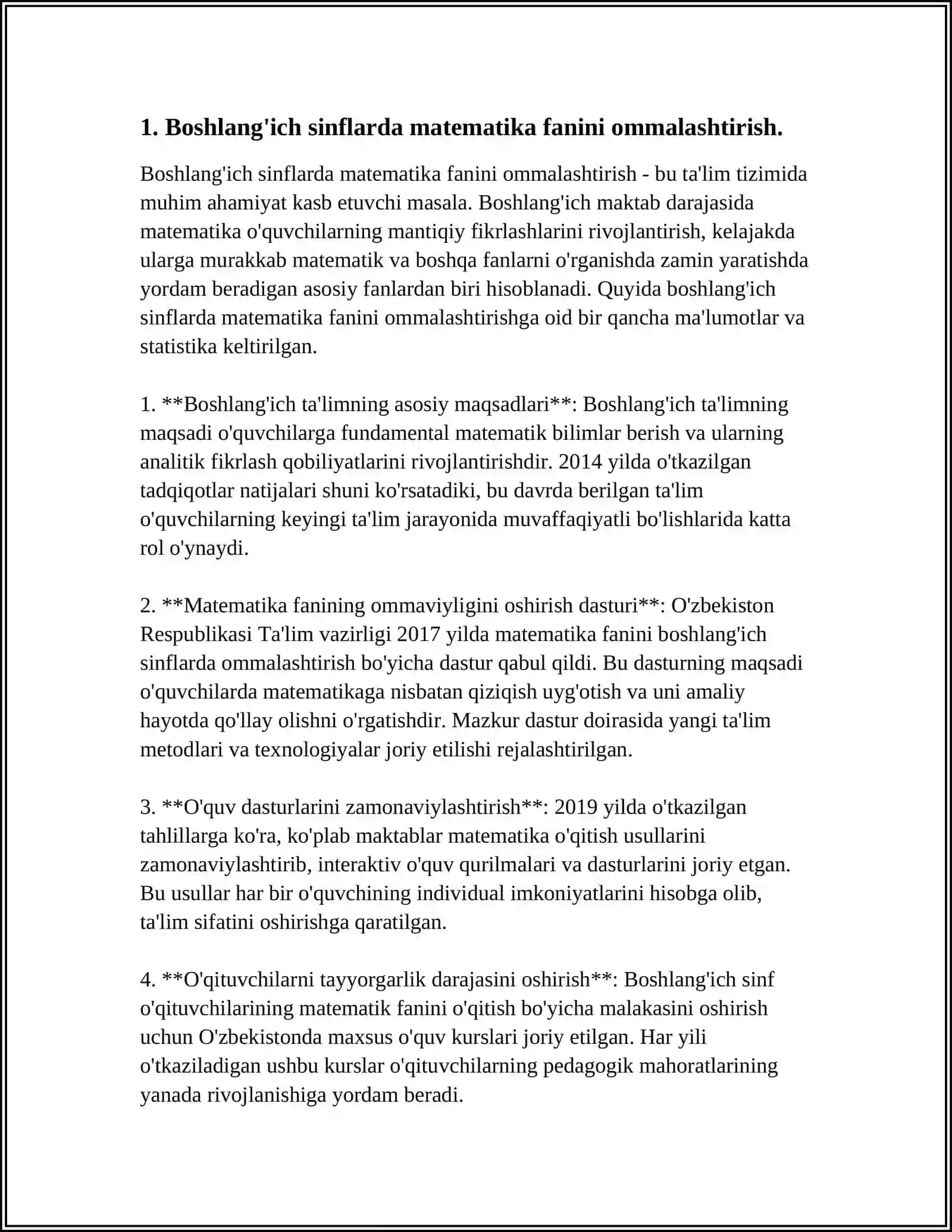 BOSHLANG’ICH SINFLARDA MATEMATIKADAN SINFDAN TASHQARI ISHLARNI TASHKIL ETISHNING MAQSAD VA VAZIFALARI 4